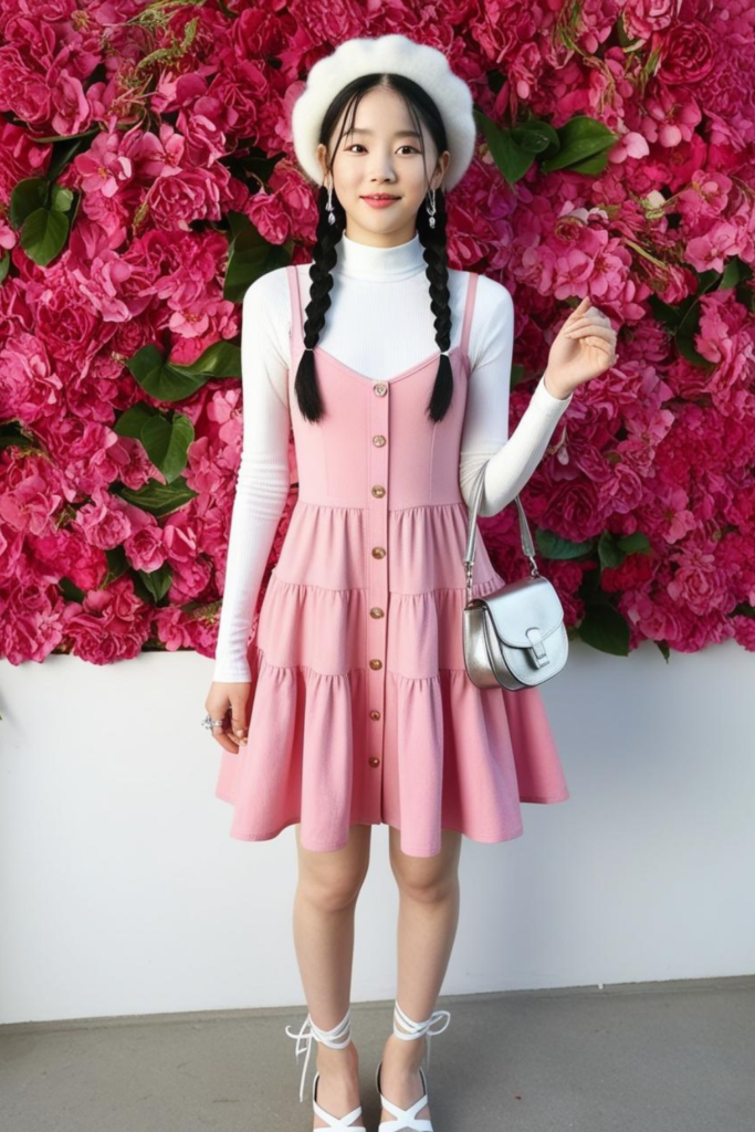 Pink aesthetic with spaghetti strapped dress over a white turtleneck.