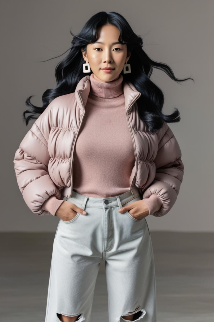Casual streetstyle Korean look with quilted fluffy jacket over a turtleneck and distorted jeans.