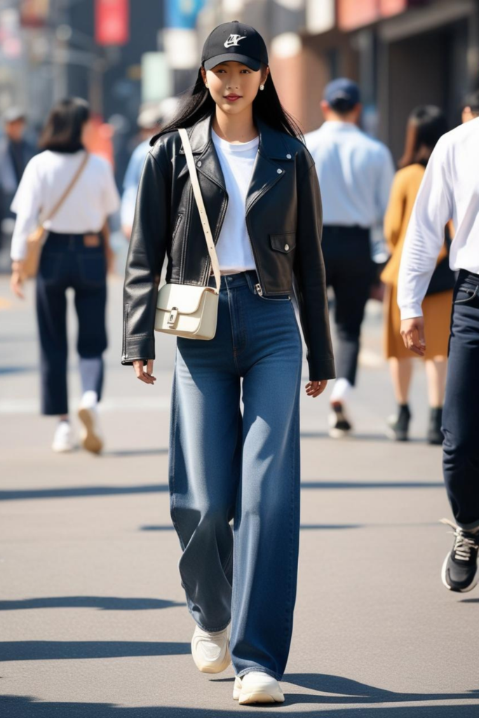A woman wearing a leather jacket with baseball cap and blue denim.