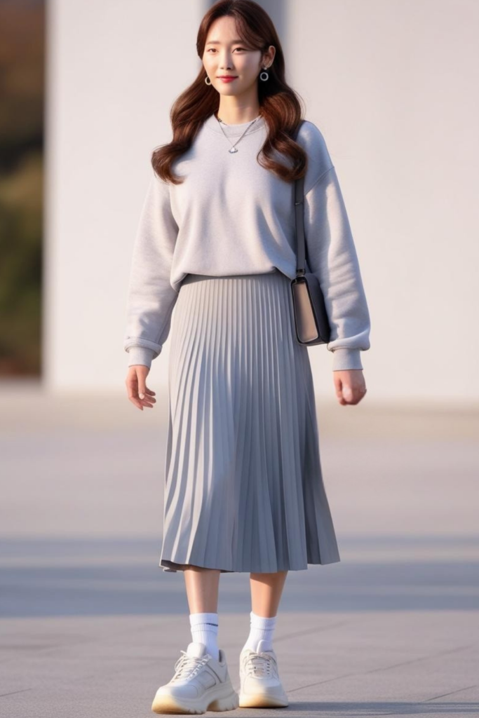 Streetwear outfit with loose fit sweater and pleated skirt