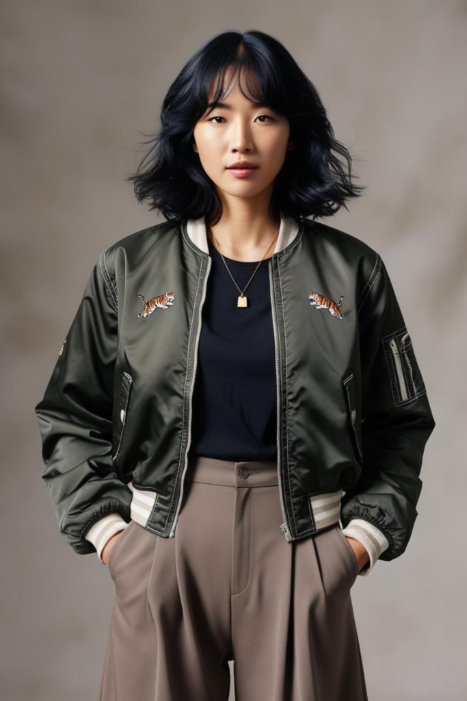 A woman wearing a bomber jacket over a basic black t-shirt with trousers.