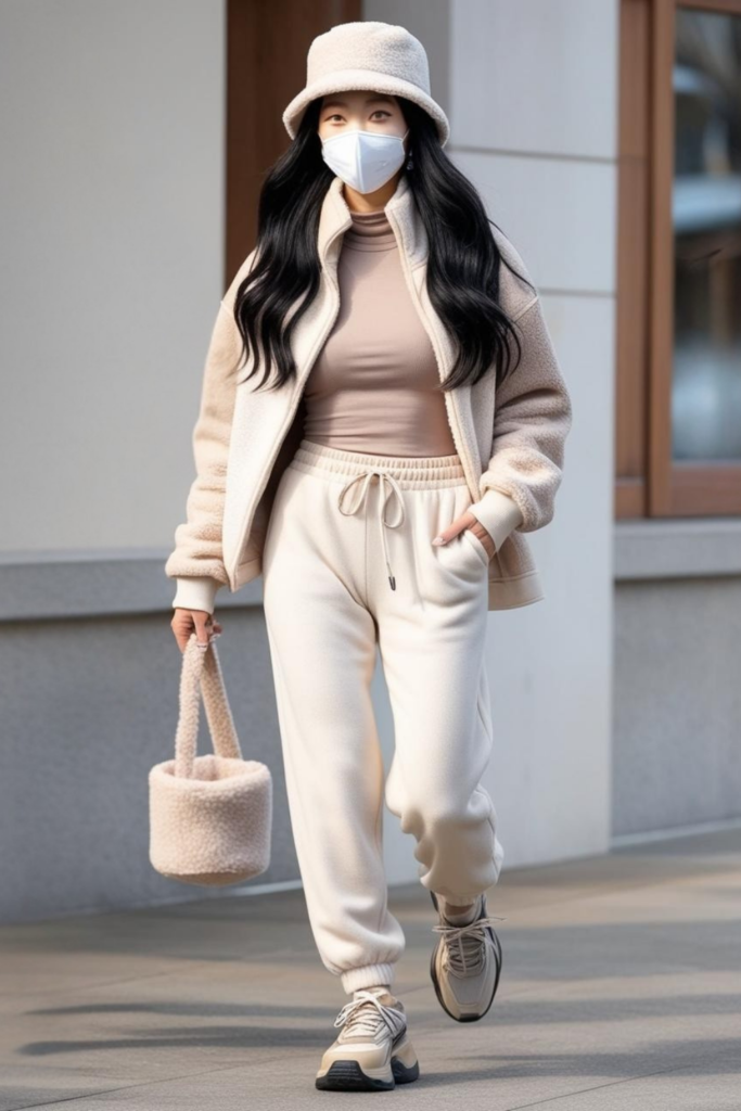 A woman wearing fuzzy bucket hat, jacket with sweatpants