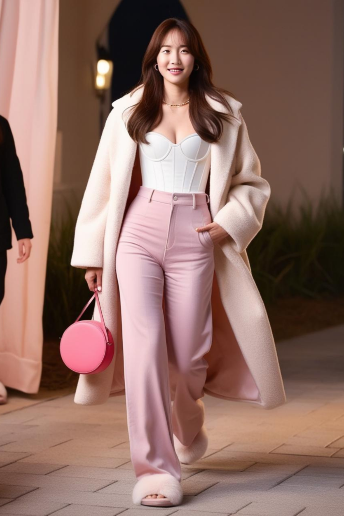 A korean woman wearing long fuzzy coat with a corset and trouser.