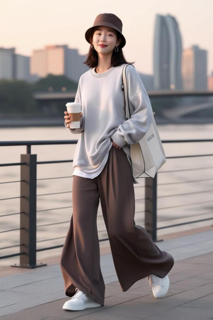 A woman wearing simple casual outfit with a sweatshirt and trouser.