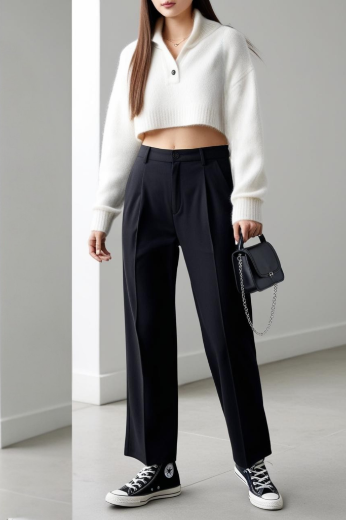 A woman wearing soft knit sweater with Trousers.