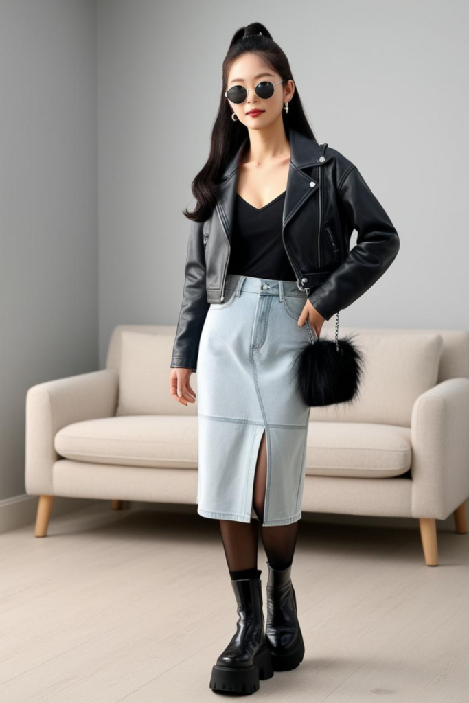 Streetwear outfit of a woman wearing a leather jacket over a denim midi skirt.