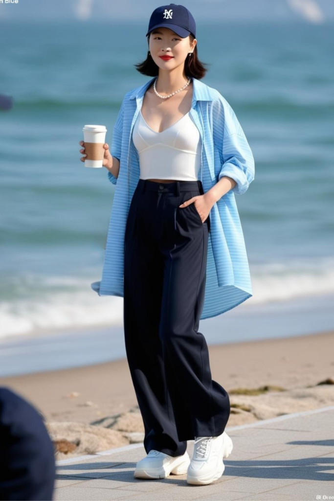 A woman wearing striped shirt over a corset with trouser.