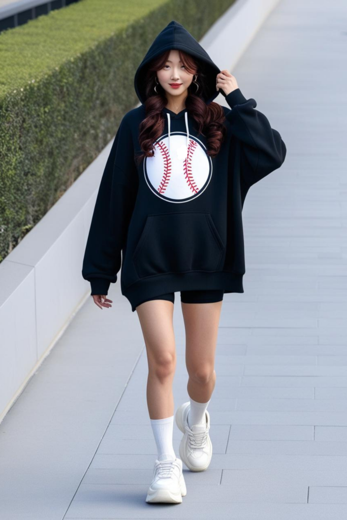 A woman wearing an oversized hoodie with shorts.