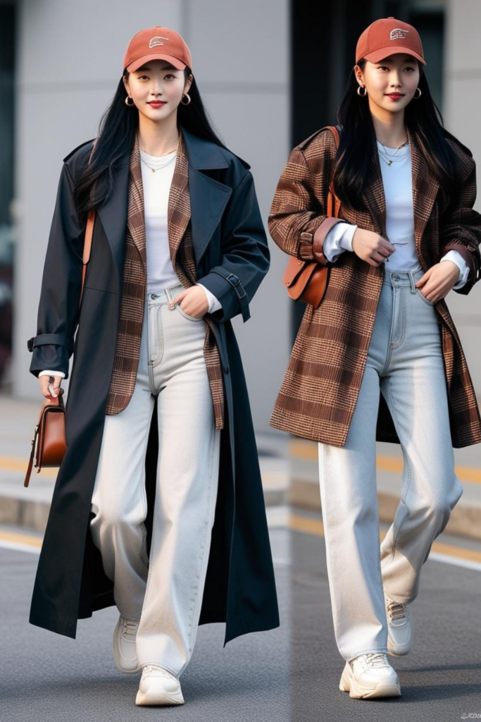 Korean woman streetwear outfit with a trench coat and plaid jacket