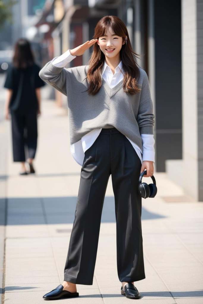 A woman wearing semi formal outfit with sweater and trouser.