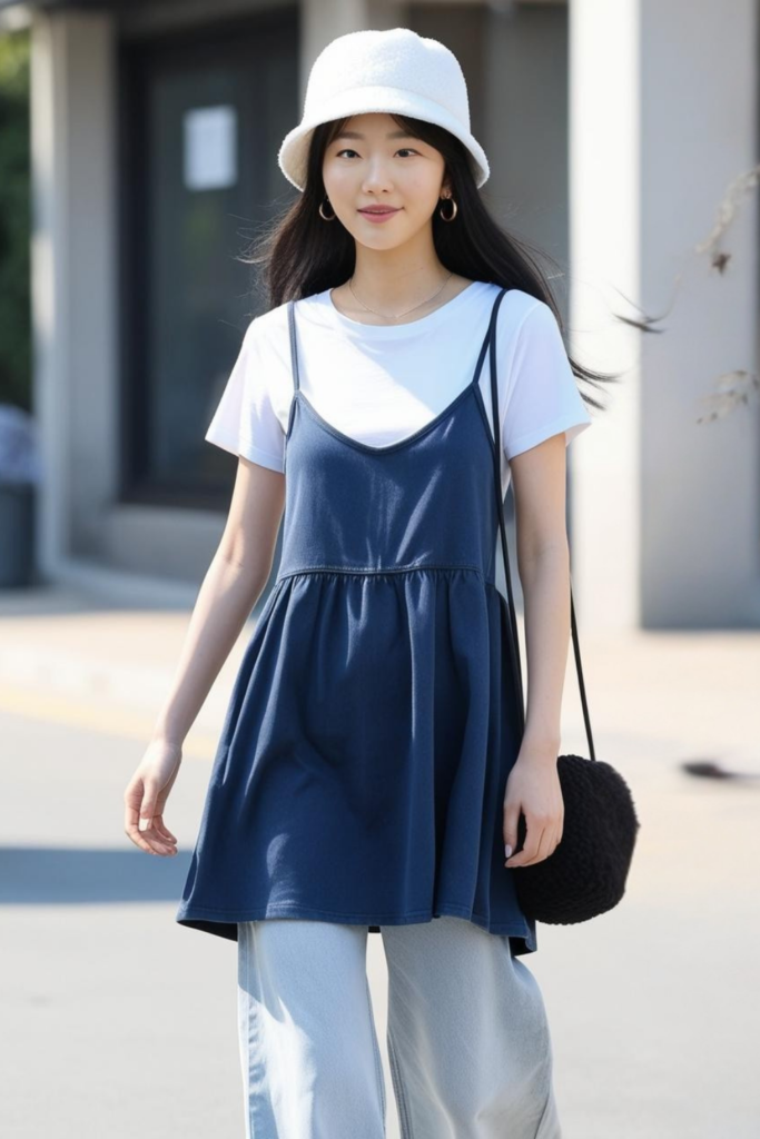 A woman wearing a trendy outfit which consists of a mini dress styled over a t-shirt with jeans.