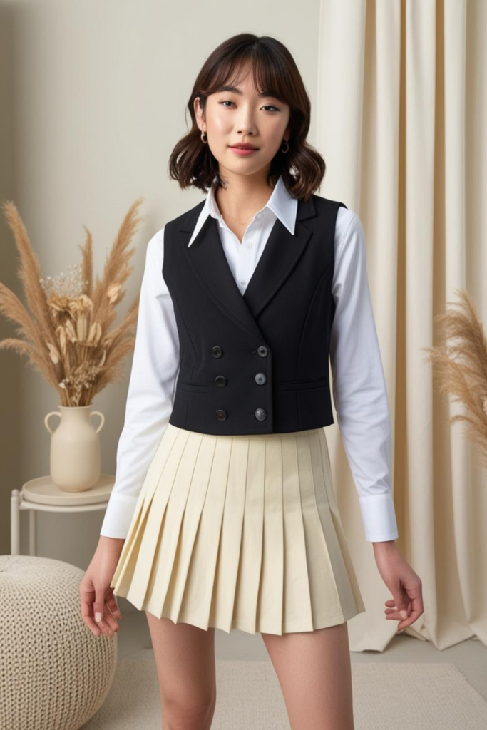 Woman wearing a black vest over a collared shirt with pleated tennis skirt.