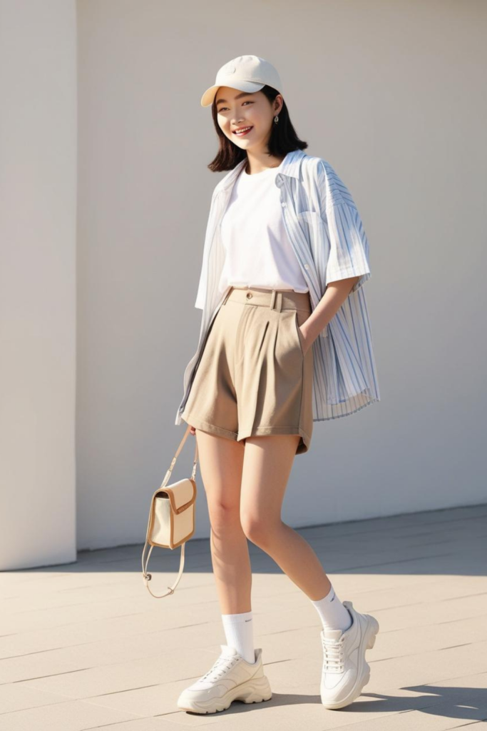 Summer fashion 2025 with simple t-shirt and shorts and oversized striped shirt.