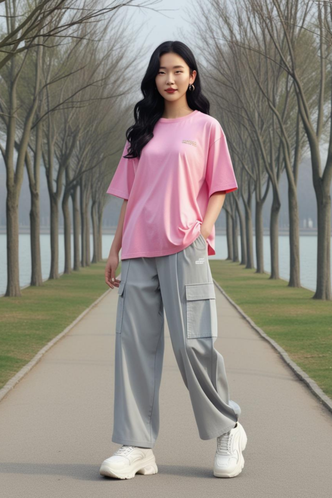 Simple summer outfit with oversized t-shirt and cargo pants.