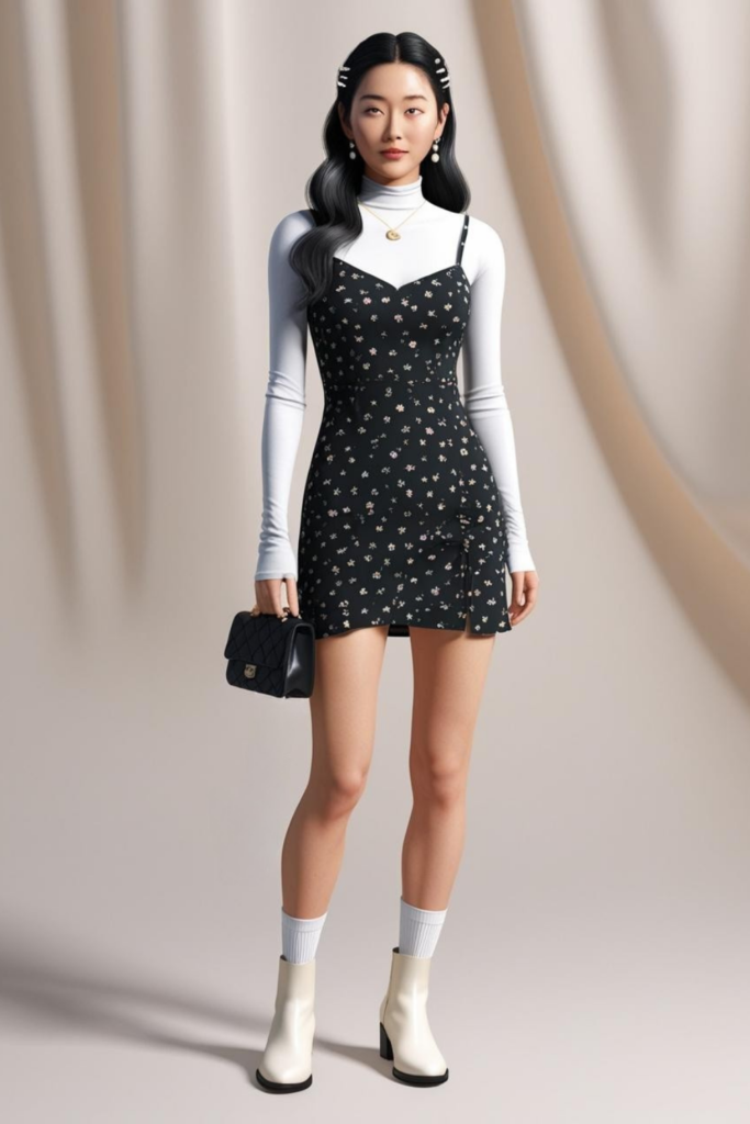 Summer dress layered over a simple white turtleneck.