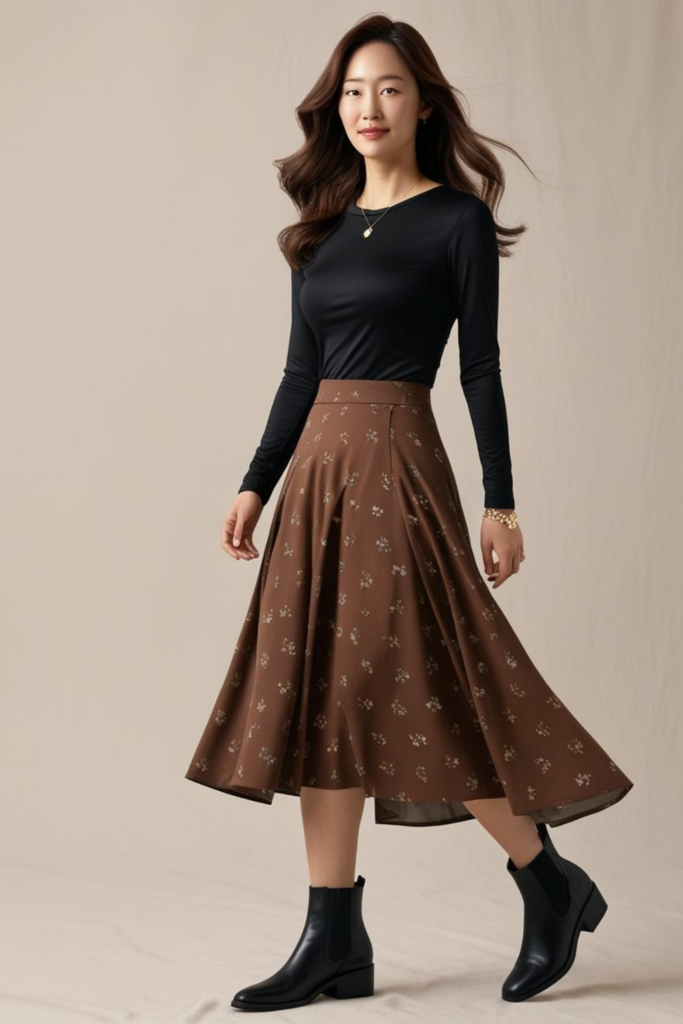 Summer fashion 2025 with flowy midi floral skirt with simple long sleeve top