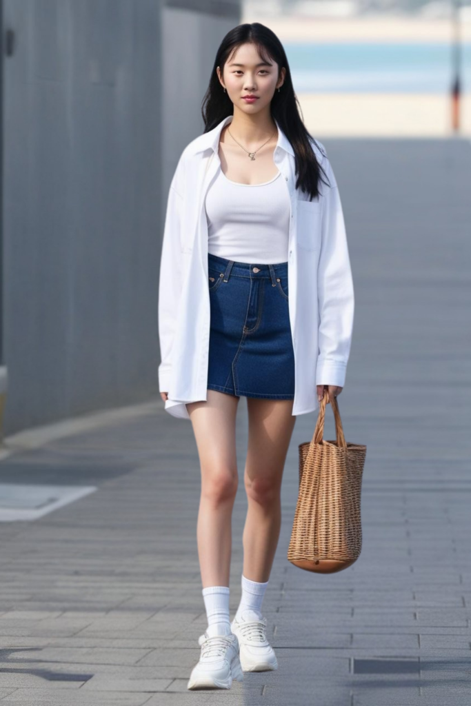 Summer outfit with mini denim skirt and simple t-shirt.