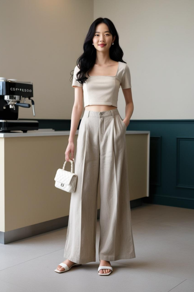 Simple short sleeve top with linen pants.
